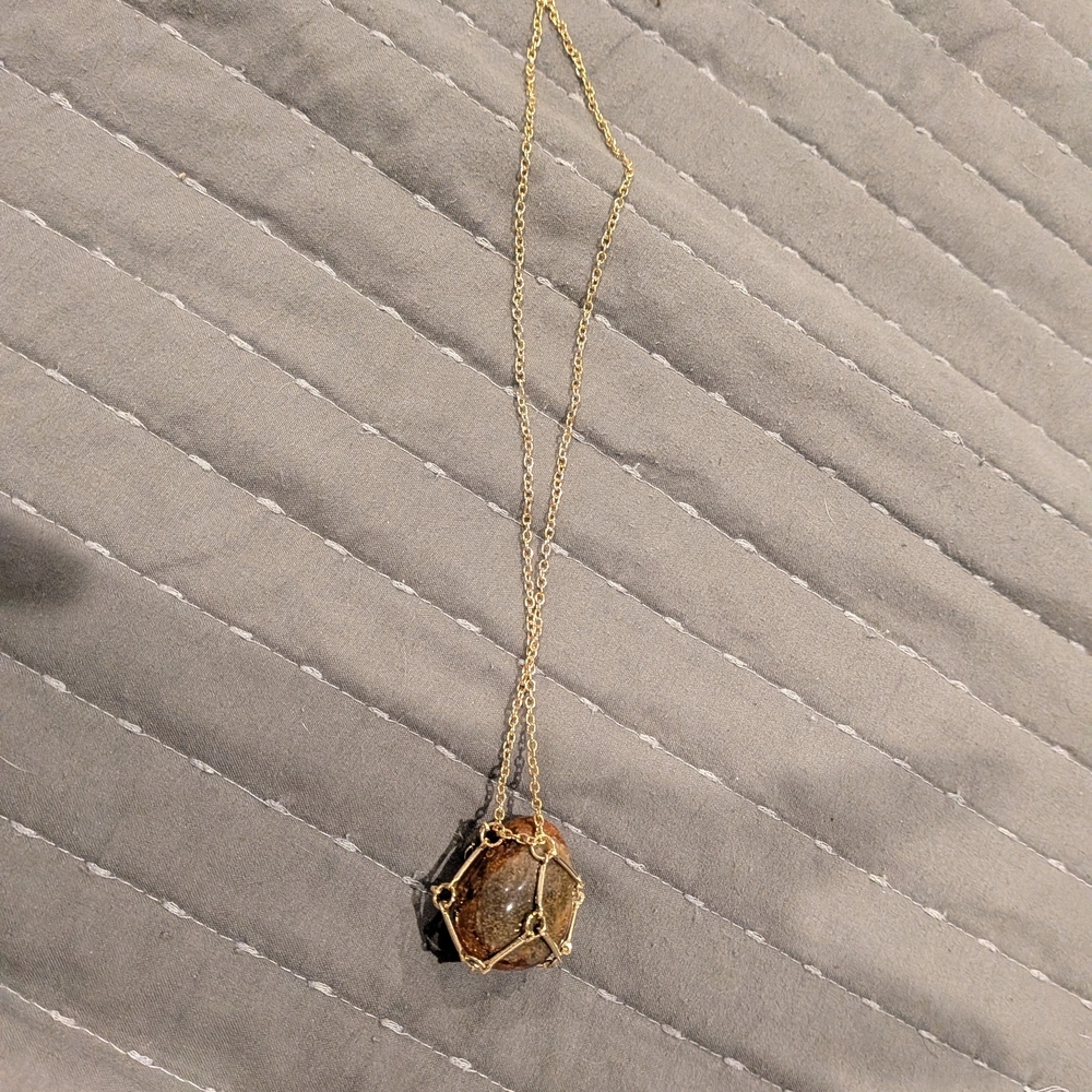 Elegant Ocean Jasper Gold Pendant Necklace With Cage